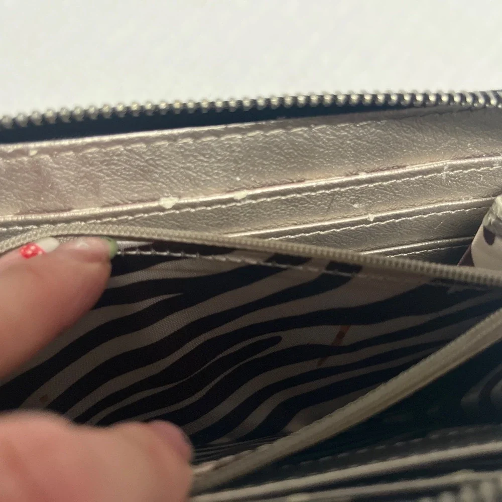 Dana Buchman Black Saffiano Zip Wallet Metallic Silver Interior Zebra Stripe